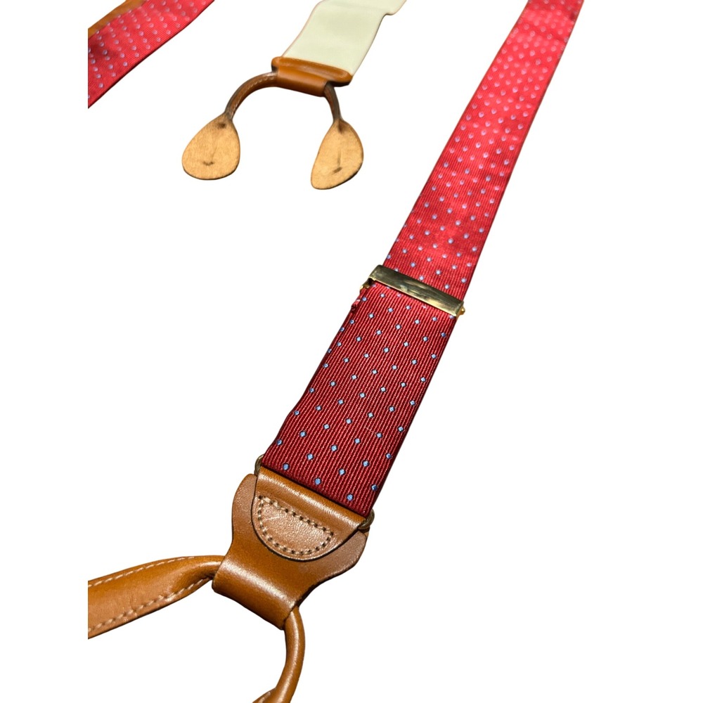 Trafalgar Mens Suspenders Burgundy Red Blue Micro Dot Silk Leather Button Braces
